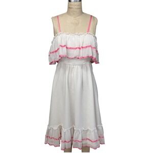 Vintage Flirtations Alfred Angelo White Pink Ribbon Ruffle Dress Womens Size XXS